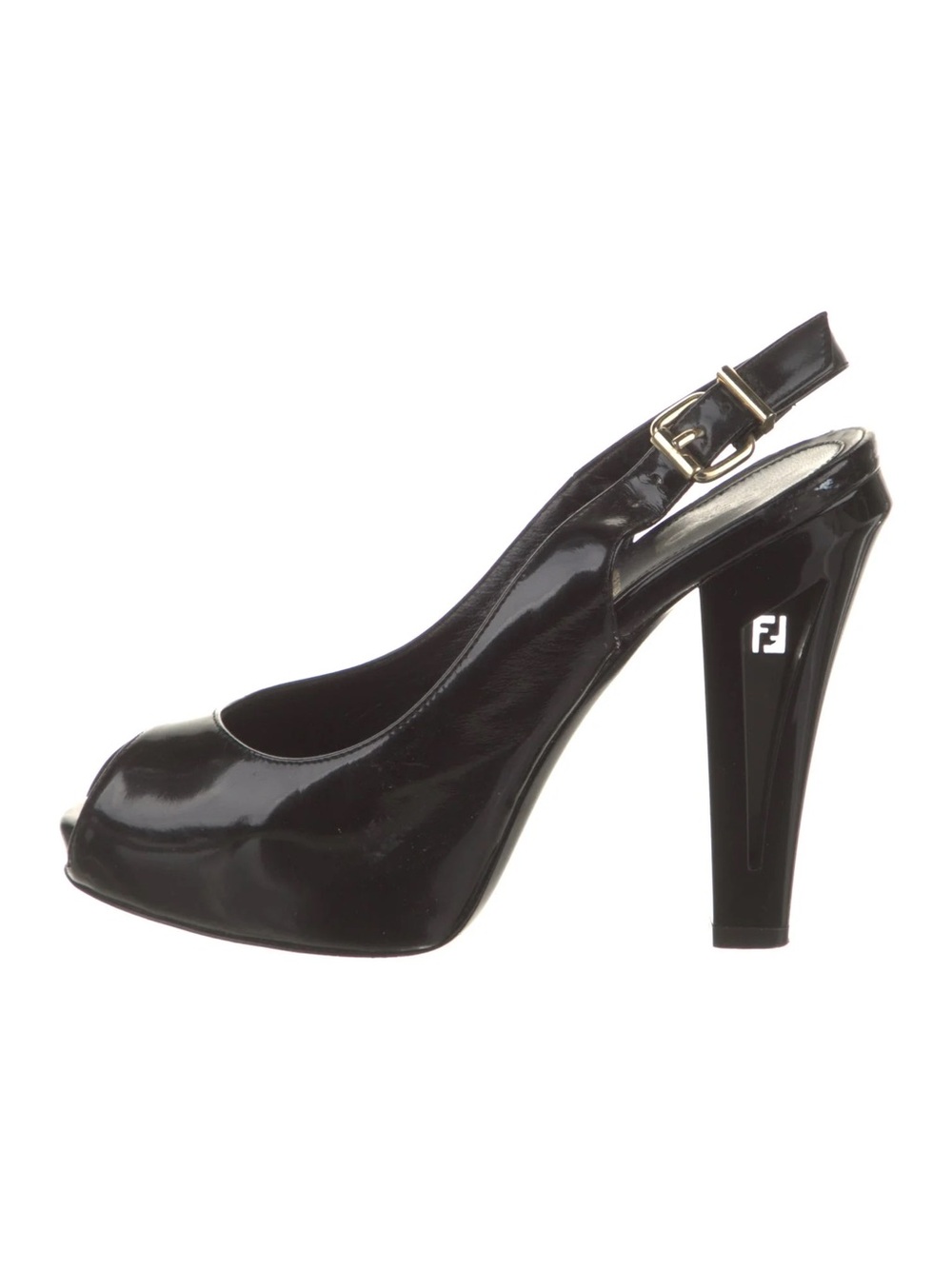 Fendi Black Patent Peep Toe Slingback Heels with Gold Buckle